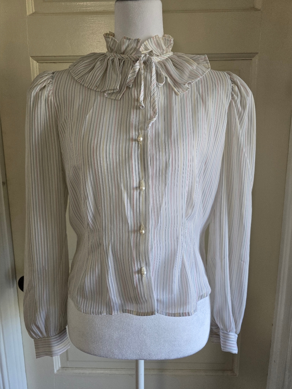 Vintage You Babes Light Cream Striped Ruffle Neck Blouse